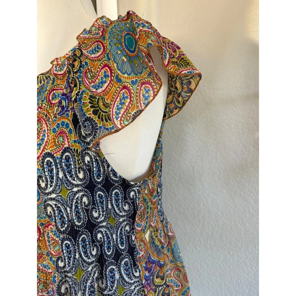 Women's Paisley Blouse Smocked Flutter Sleeve Baby Doll Top Boho Fairy Milk Maid - Picture 4 of 8